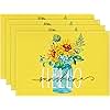 Artoid Mode Yellow Hello Sunshine Sunflower Summer Placemats for Dining Table, 12 x 18 Inch Spring Seasonal Holiday Decoration Rustic Vintage Washable Table Mats Set of 4