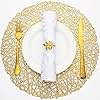Evevda Gold Round Placemats for Dining Table Set of 6 Metallic Pressed Vinyl Circle Table Mats Wipeable Hollowout Place Mats for Table Decor Holiday Wedding Accent Centerpiece(Line, Gold)