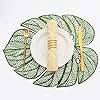 Evevda Green Leaf Shaped Vinyl Placemats for Dinner Table Set of 6 Metallic Plastic Green Place Mats Wipeable 6Pcs Table Mats for Wedding Annersary Dinner Table Decoration Mats(17.7x13.8inch/45x35cm)