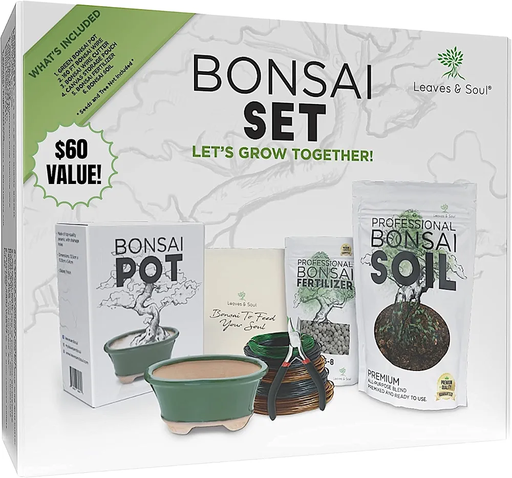 Complete Bonsai Set - Small Green Oval Bonsai Pot with Soil, Fertilizer Pellets, 160ft of Bonsai Hobby Wire, Cutter and Storage Bag - DIY Gardening Starter Set - Plant Repotting Supplies