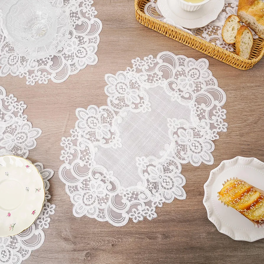 Placemats Set of 4, White Lace Placemats with Embroidered Flowers, Heat Resistant Placemats for Restaurant Coffee Wedding Party Table Decorations, Doilies for Tables 12X18 inch