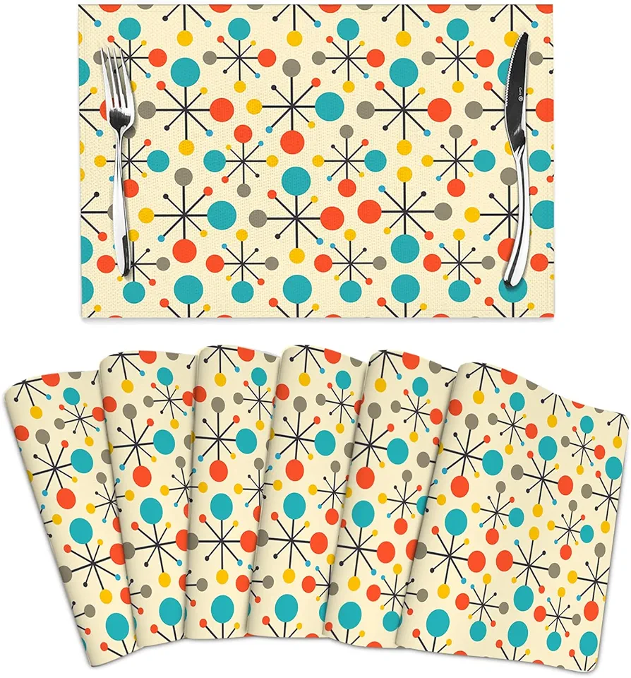 Mid Century Fifties Modern Atomic Retro Table Mats Set of 6 Linen Heat Resistant Washable Placemats for Party Farmhouse Home Kitchen Yellow Decorative 12x18 Inch