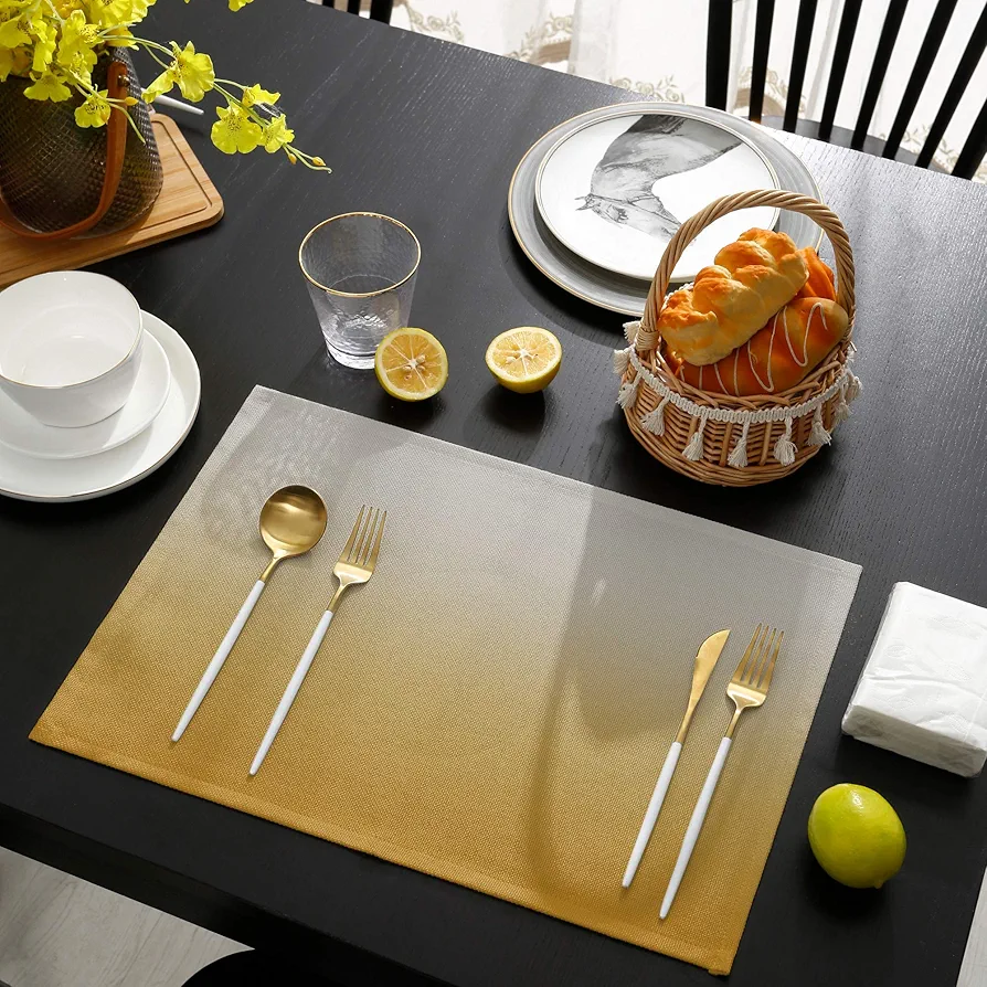 Greeeen Placemats Set of 6 Gradient Color Gray to Mustard Yellow Heat Resistant Place Mat for Dining Table Washable Burlap Cotton Table Mats