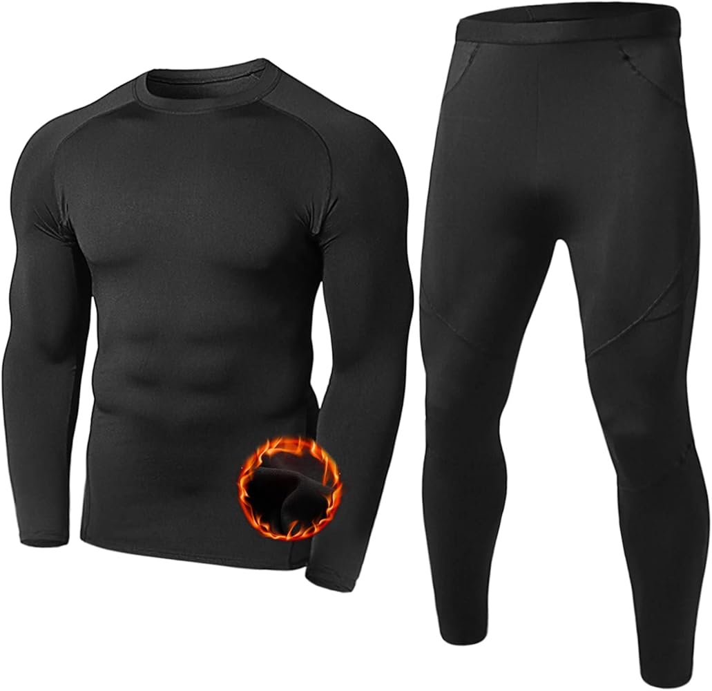 Men's Thermal Underwear Set Fleece Lined Top and Bottom Warm Long Johns Winter Sport Suits (Black, L)