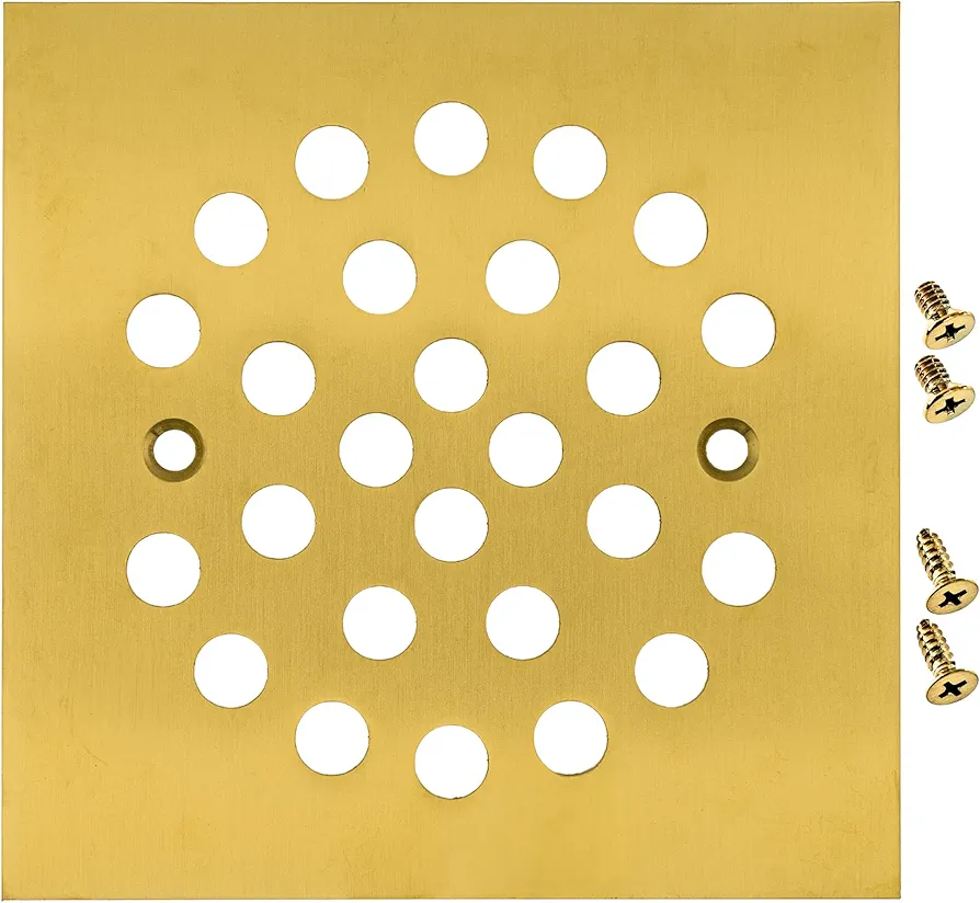 4-1/4” Brushed Gold Square Shower Drain Cover - **Screw-in** - Solid Brass Floor Drain Strainer - Shower Drain Stopper - Shower Drain Strainer with Screw Holes Spaced 2-5/8"