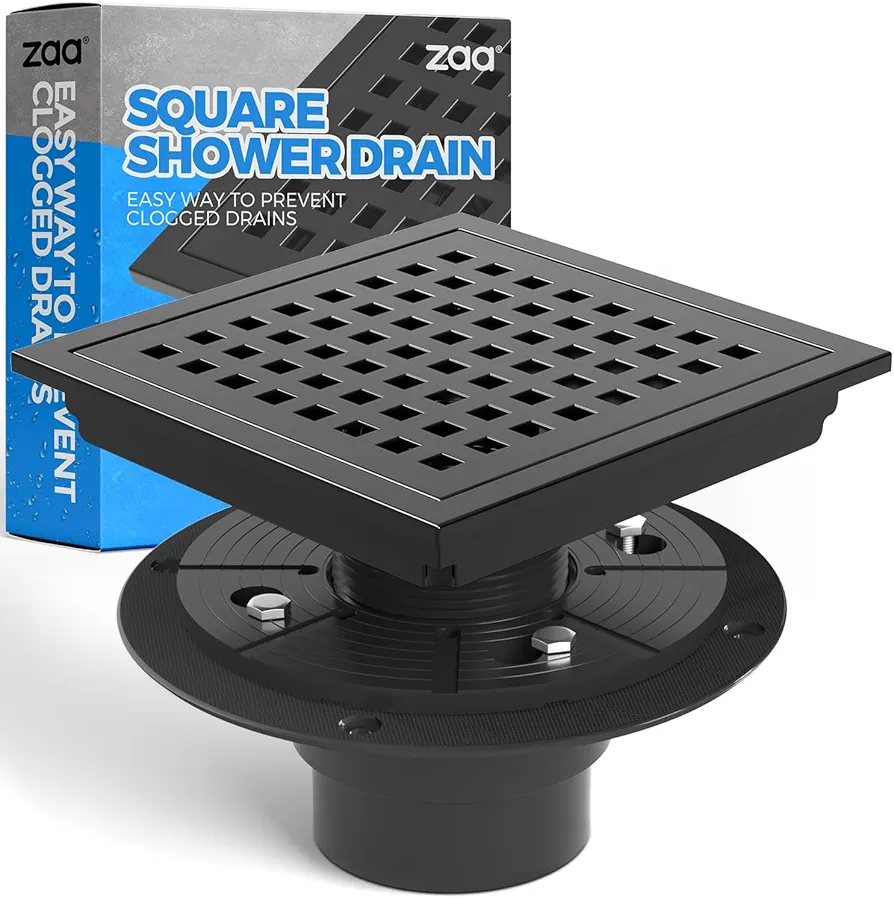 zaa 6 Inch Square Shower Drain, Bathroom Floor Drain, 304 Stainless Steel Shower Floor Drain Kit with Flange, Removable Shower Drain Grate with Hair Strainer, Black