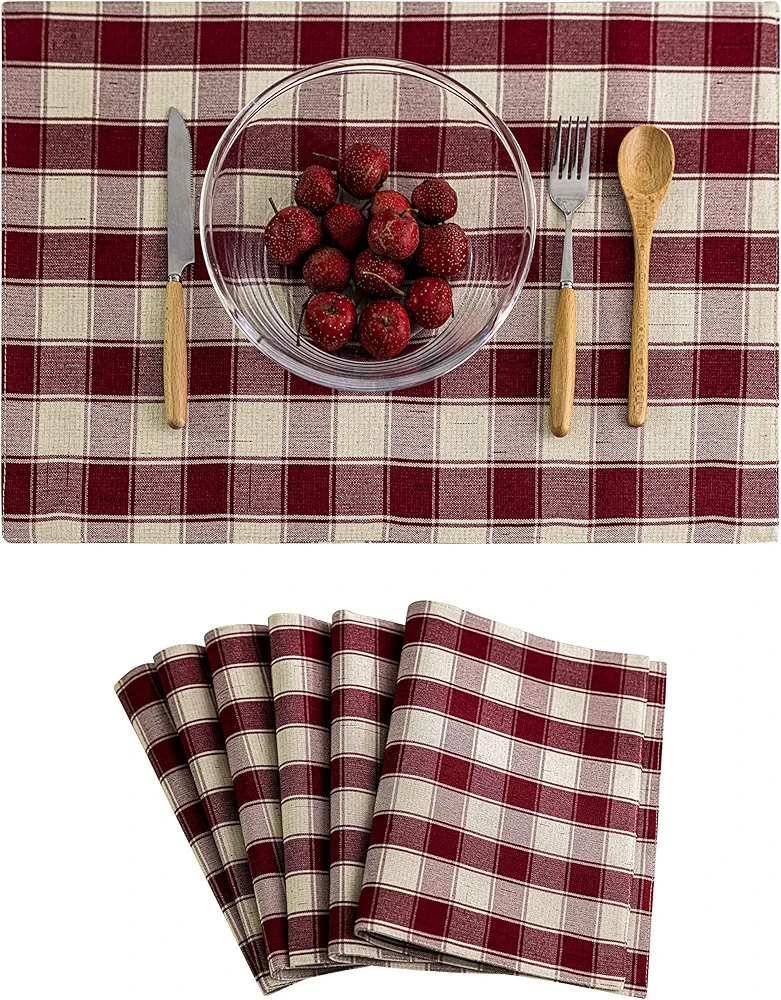 Home Brilliant Red Placemats Set of 6 Farmhouse Buffalo Plaid Table Mats Heat Resistant Dining Dinner Place Mats for Kitchen Table Dinner Mats, 13 x 19 inches, Checker, Crimson