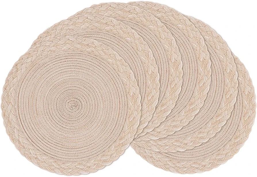 SHACOS Round Placemats Set of 6 Boho Woven Braided Border Table Mats Washable Heat Resistant 15 inch Circle Place Mats for Dining Table, Beige