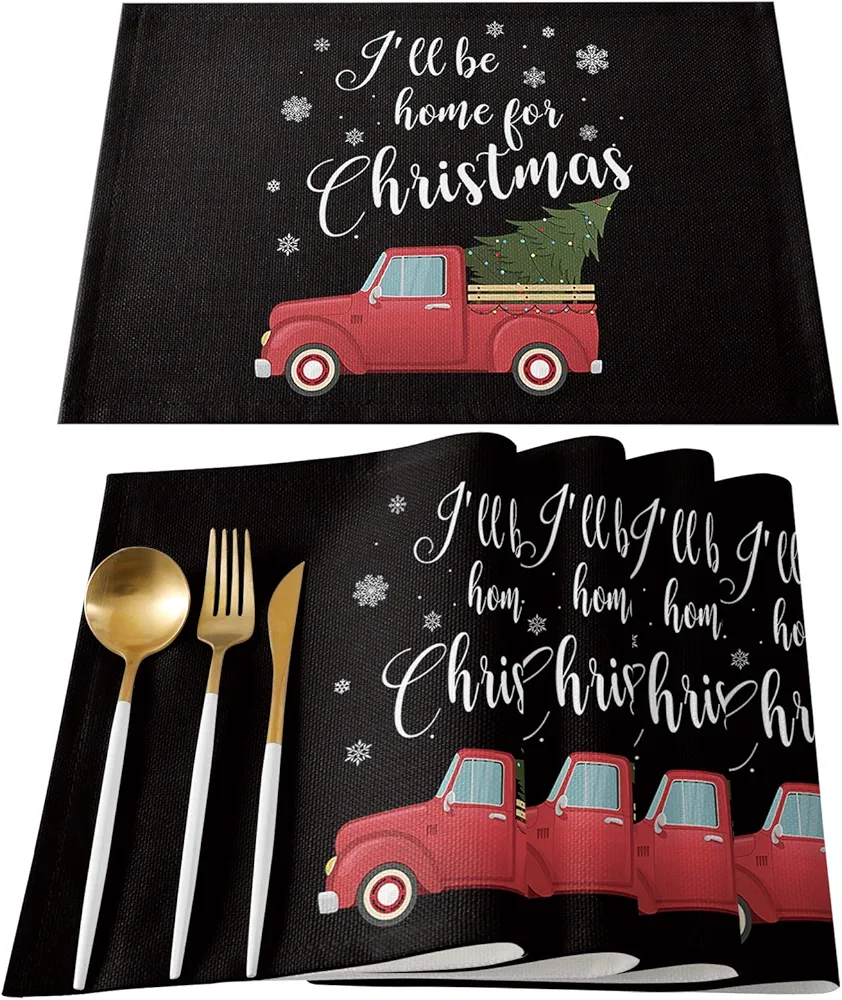 Artwork Store I'll be Home for Christmas Red Truck Black Placemats Set of 4, Cotton Linen Heat Resistant Table Mats Non-Slip Washable Kitchen Place Mat for Dining Table Holiday Banquet Table Decor