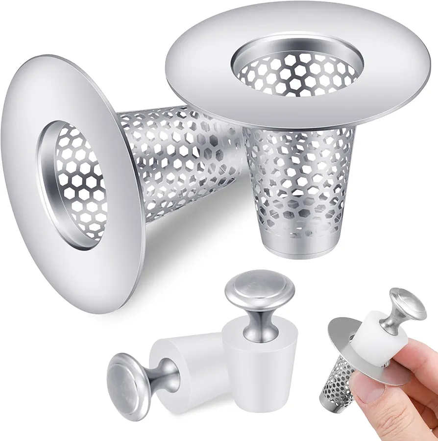 2PCS Bathroom Sink Drain Strainers fit Hole Size 1.2"-1.6" Stainless Steel Bathtub Hair Catcher Cone Shaped Water Drain with 2PCS Strainers Cover