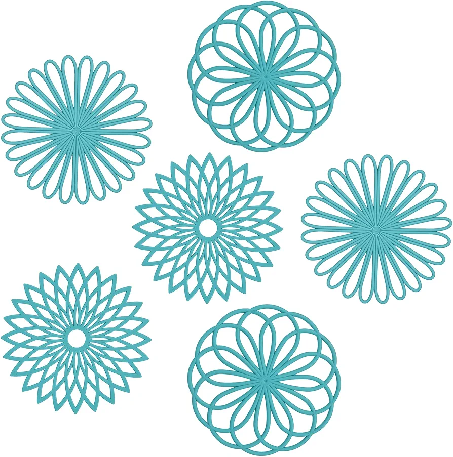 Silicone Trivets Set of 6 Multi-Use Intricately Carved Hot Mats and Pads, Flexible Modern Kitchen Table Mat, Heat Resistant Round Coaster Mat Teal, D: Teal-pack 6, D: Set of 6-Teal