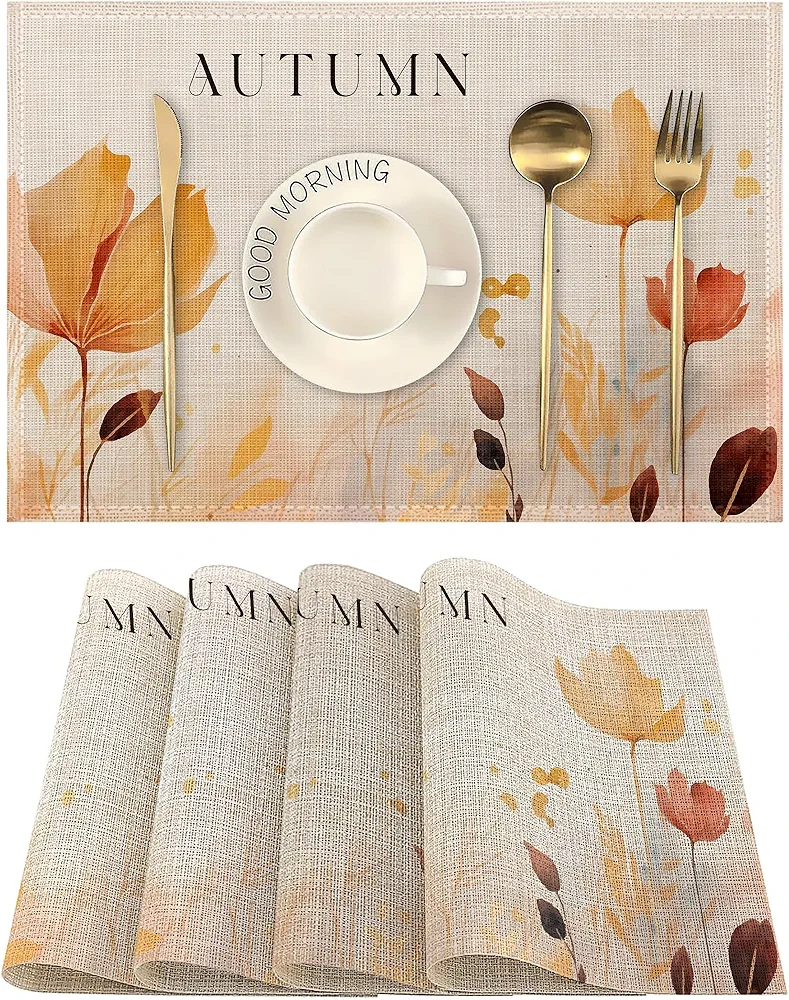 Autumn Flower Hand Painted Watercolor Placemats Linen Table Place Mats Set of 4 Non-Slip Heat Resistant Table Mats for Dining Kitchen Cabin Decor 12x18 Inch