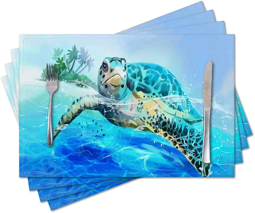 Placemats Set of 4,Turtle Underwater,Washable Burlap Woven Heat Resistant Placemat for Dinning Table,Farmhouse,Outdoor,18X12 Inch