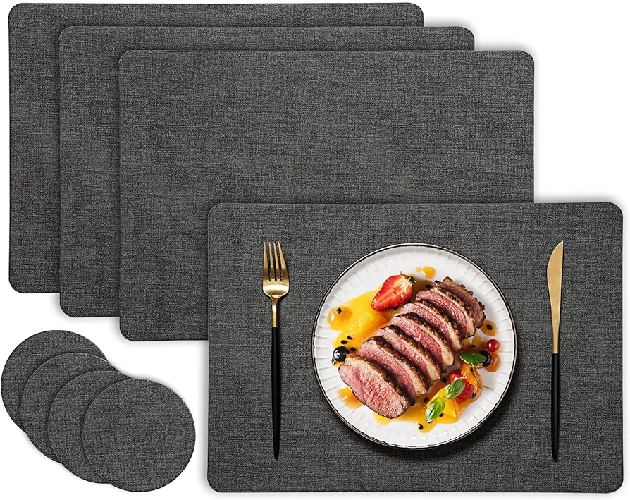 Faux Leather Placemats and Coasters Set of 4,Waterproof Heat Resistant Table Mats for Dining Table,Easy to Clean,Black