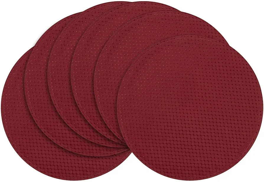ColorBird Thanksgiving Placemats Set of 6, Waffle Jacquard Washable Heat Resistant Dining Cloth Table Mats, Red Round Table Place Mats for Christmas Dining, 15 inch Diameter