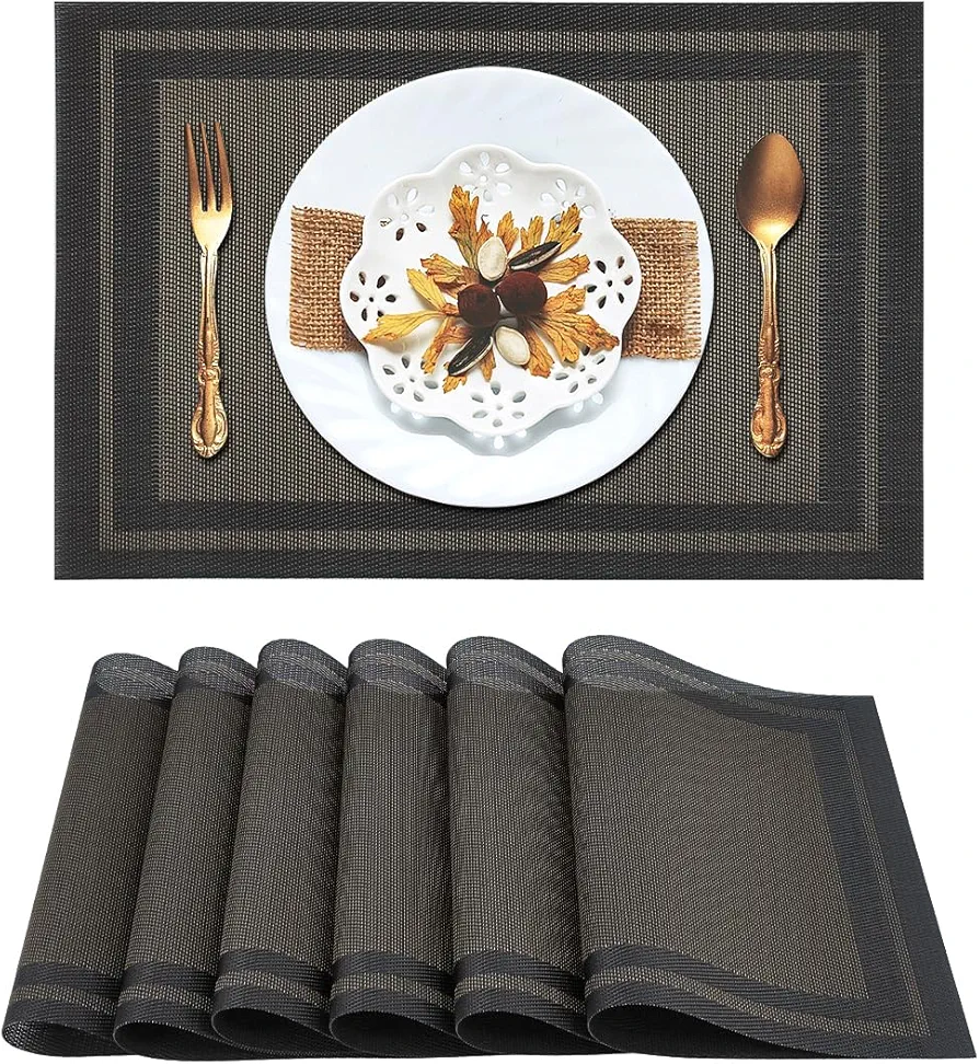 Vinyl Woven Placemats Set of 6 Washable Black Gold Place Mats Indoor Outdoor Heat Resistant Dining Non Slip PVC Table Mat(6 Piece Set, Black Gold)
