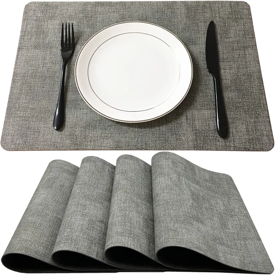 WAZAIGUR Waterproof Easy to Clean Heat Resistant Thick Faux Leather Washable Placemats Set of 4 Light Grey