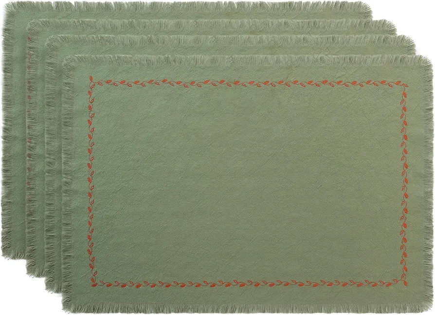 Handmade Placemat Set of 4, 100% Cotton Embroidered Placemats with Tassels, Heat Resistant and Washable, Kitchen Table Decor, 13 x 19 Inch, Sage Green