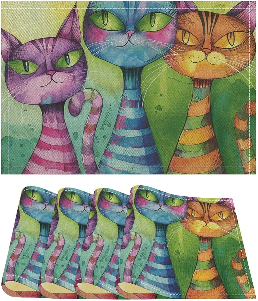 4PCS Linen Placemats Set Washable Placemats for Dining Table 12x18 Inch Heat Resistant Place Mats Three Cats Side by Side Non-slip Table Mats for Kitchen Weddings Party Decor Indoor/Outdoor
