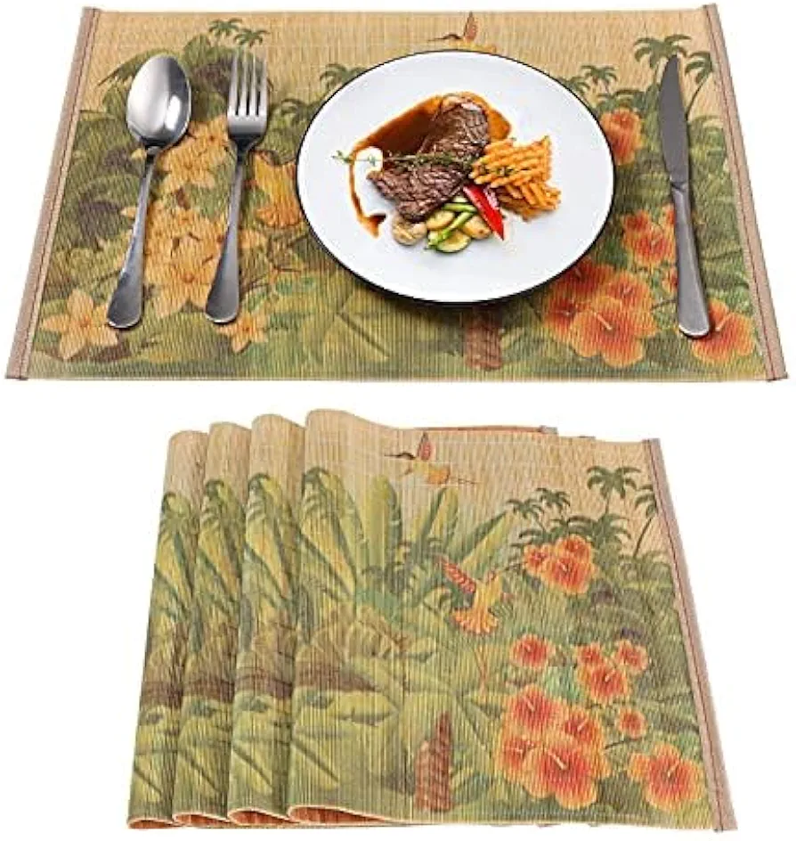 Heat Resistant Placemats Set of 4, Easy to Clean Bamboo Place Mats for Dining Table, Stain Resistant Table Mats for Dining Room Decor, Durable Bamboo Placemat 12 * 17 Inch