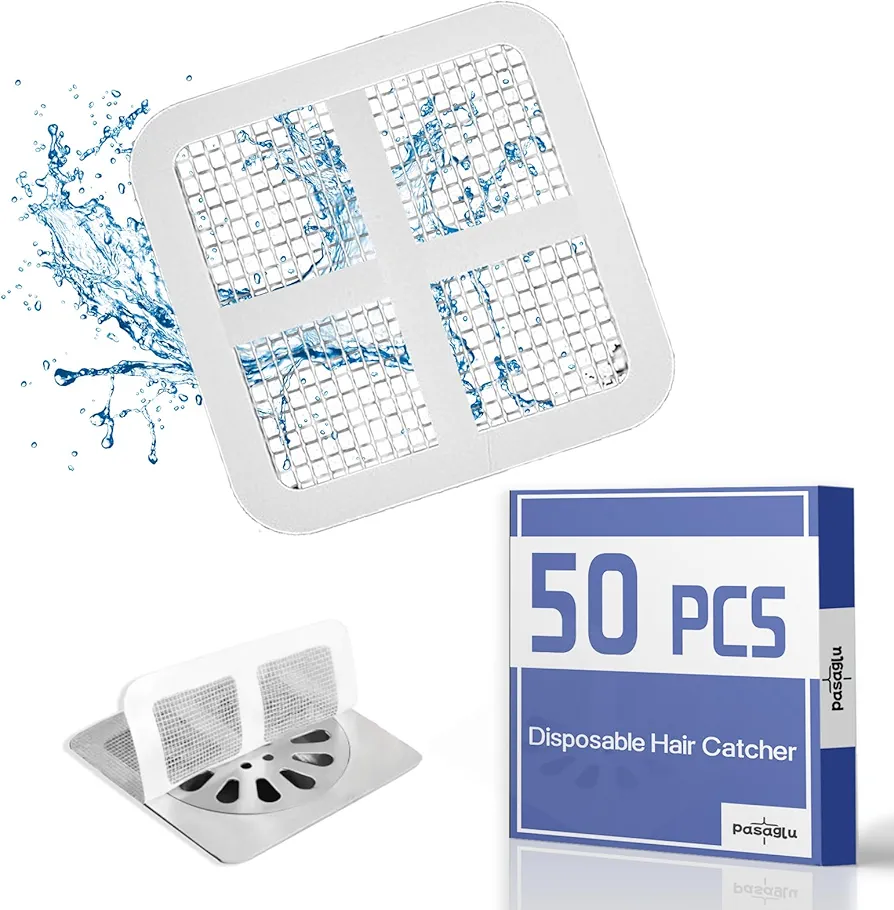 Disposable Drain Hair Catchers, 4" X 4" Disposable Shower Drain Mesh Stickers, Floor Drain Stickers for Bathroom, Laundry, Bathtub, Kitchen, Sink, for Human and pet Hair (50, White)