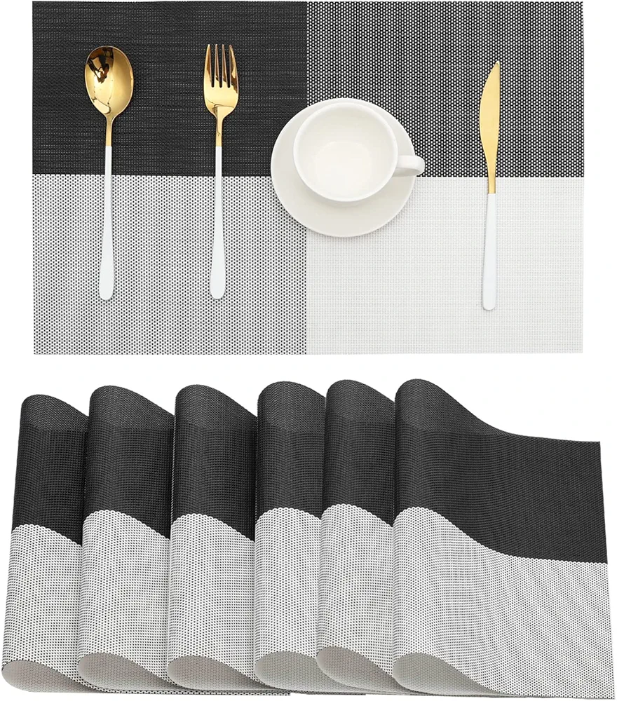 HeloHo Placemats Set of 6 Black and White Placemats Heat-Resistant Washable Vinyl Woven Table Mats Wipeable Placemat for Kitchen Dining Table Decoration Indoor Outdoor