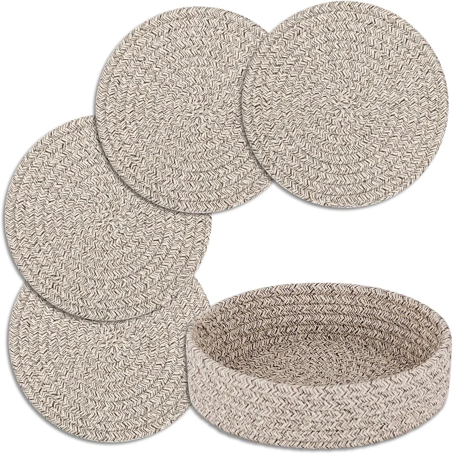 Trivets for Hot Dishes, Trivets for Hot Pots and Pans, Cotton Coasters 4 Pcs and Storage Basket 1 Pack, Pot Holders for Kitchen, Hot Pads for Table, Hot Mats Protect Countertops (Brown 4 Pcs)
