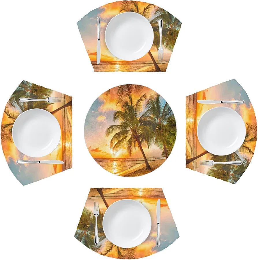 Placemats for Round Table Set of 5 Tropical Beach Sunset Palm Tree 4 Wedge Table Mats 1 Round Table Mats Washable Heat Resistant Dining Table for Kitchen Indoor Outdoor Modern Cloth Placemat