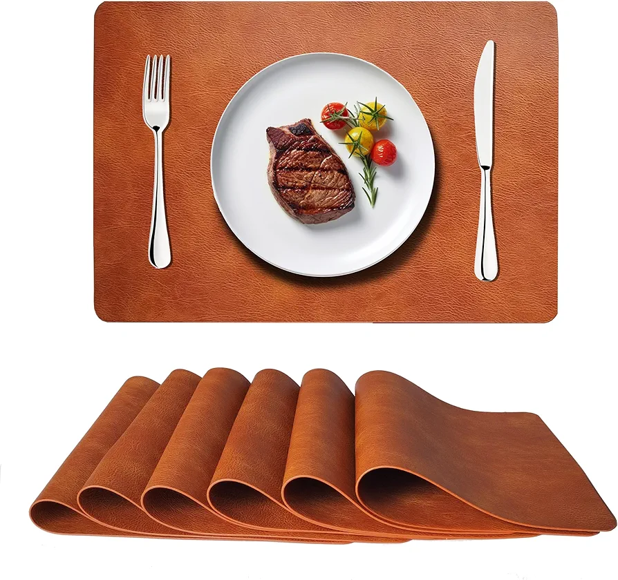 Washed Cowhide Pattern PU Leather Placemats Set of 6 Heat Resistant Kitchen Table Mats,Modern Easy Clean Dining Place Mat, Waterproof Wipeable for Party Decoration Placemats… (Brown)