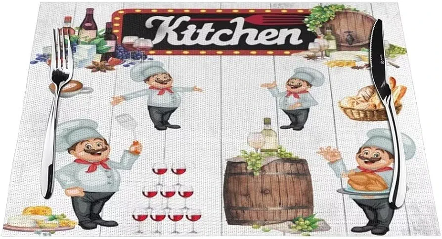 Chef Kitchen Placemats for Kitchen Dining Table Set of 6 Rustic Wooden Plank Fun Country Farm Cute Western Linen Washable Heat Resistant Place Mats (18" L x 12" W)