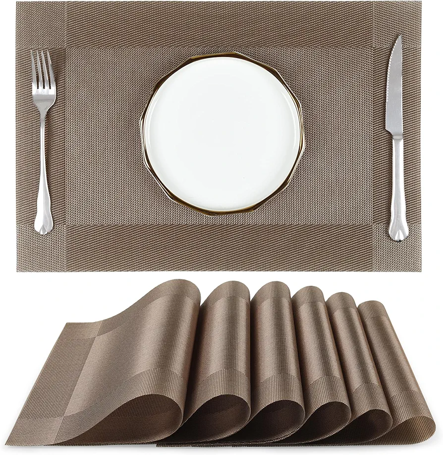 fanquare Placemats 12x18 Inches Washable PVC Table Mats for Dining Table Woven Vinyl Heat Resistant Place Mats Wipe Clean Mat Set of 6 Brown