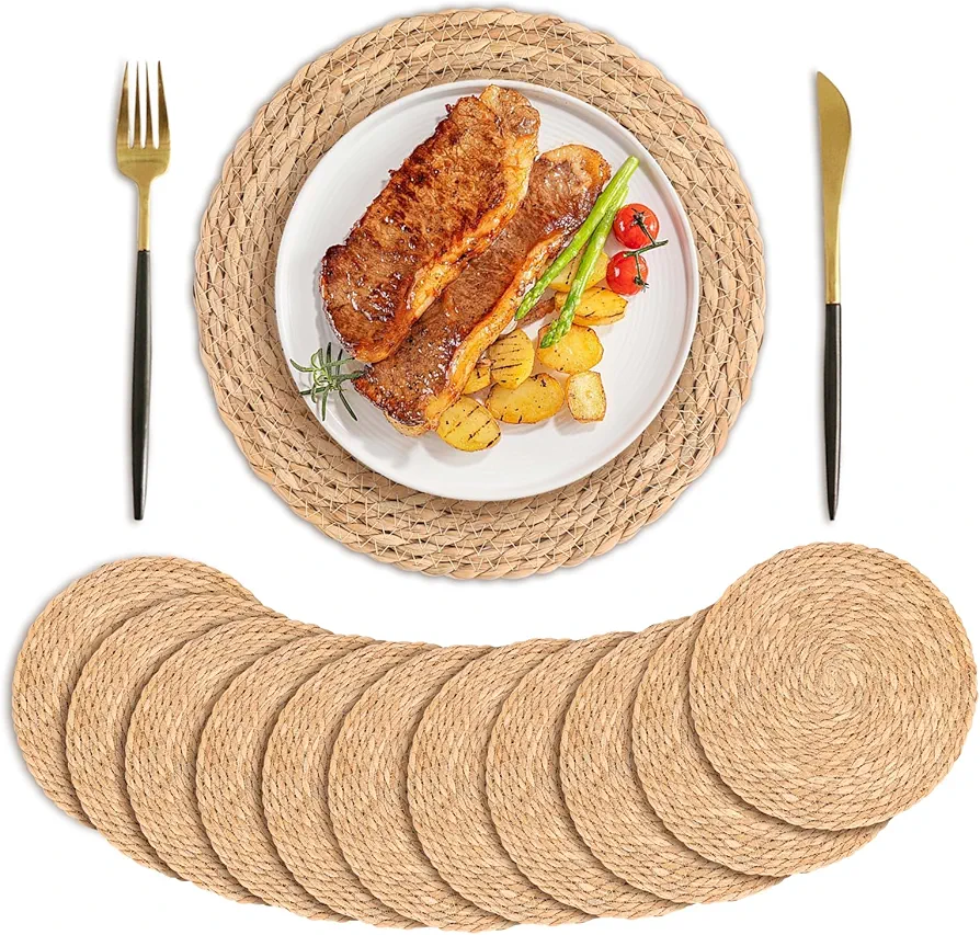 KesaPlan Round Woven Placemats Set of 12, 12" Round Rattan Placemats, Natural Wicker Placemats, Hand-Woven Water Hyacinth Placemats, Boho Placemats, Non-Slip, Heat Resistant for Dining Table Party