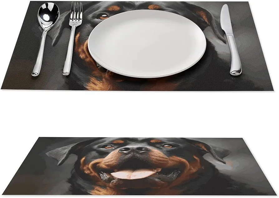 Placemats Set of 6 Heat Resistant Table Mats Cool Rottweiler Dog Art PVC Place Mats for Dining Table Non-Slip Desktop Protection Mat Wipeable Placemats Desk Pad for Kitchen