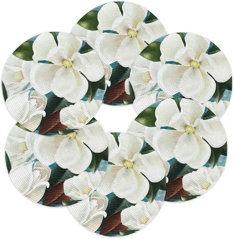 Round Placemats for Dining Table Set of 6 White Magnolia Flower Place Mats Circle Washable Woven Placemat Oil Painting Floral Braided Heat Resistant Table Mat for Kitchen Dinner Party Decor 15 Inch