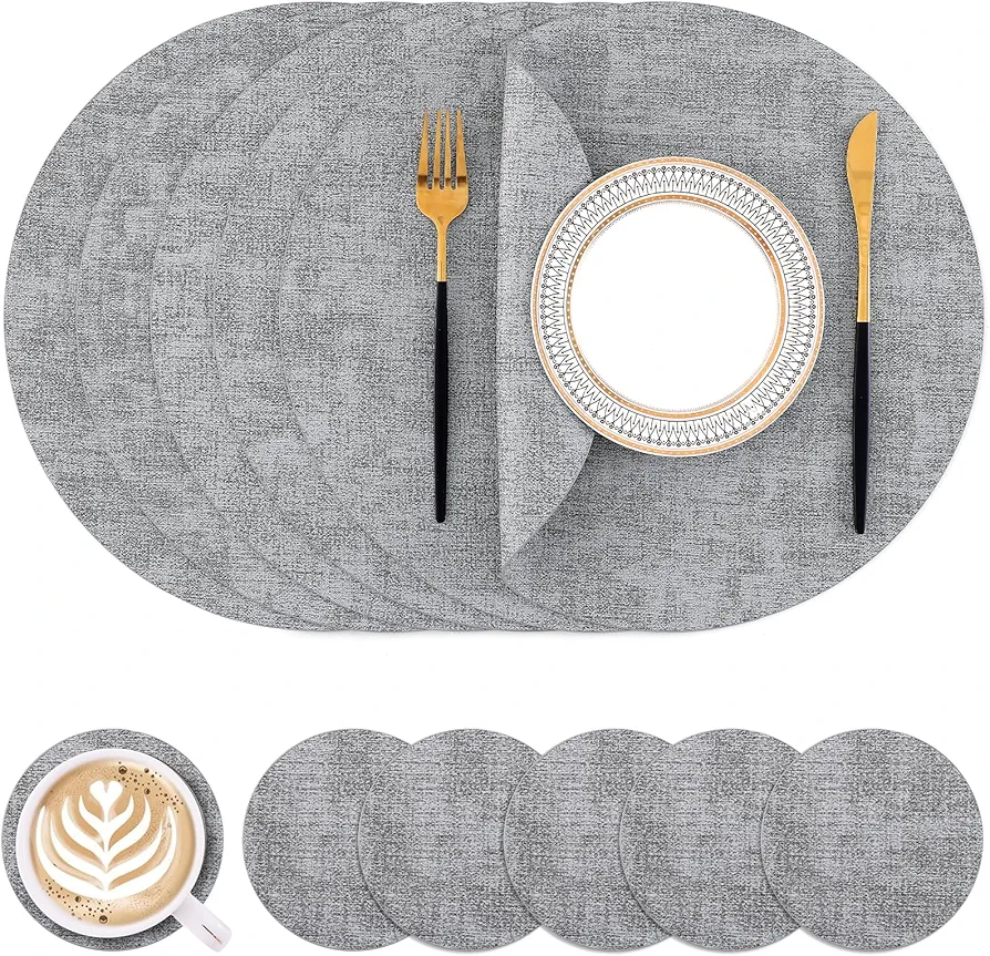 Homaxy Round Faux Leather Placemats and Coasters, Washable Dual-Side Table Mats, Wipeable Heat-resistand Dining Place Mats for Outdoor and Indoor, Set of 6, Diameter 13 and 3.93 inch, Light Grey