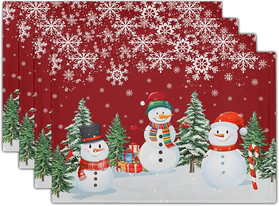 Christmas Snowman Placemats Set of 4 Snowflake Trees Cloth Place mats Dining Table Place mats Machine Washable Heat-Resistant Table Mats for Kitchen Home Decor