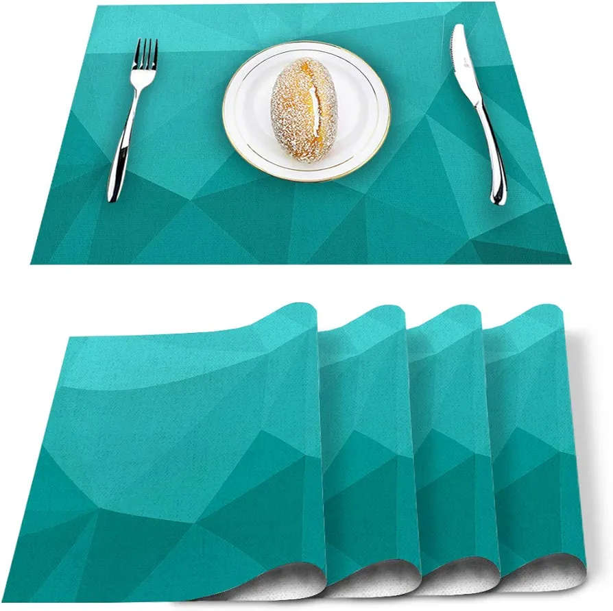 Teal Table Placemats Set of 4, Cotton Linen Heat Resistant Table Mats Non-Slip Washable Placemat for Holiday Banquet Dining Kitchen Table Decor - Abstract Geometric Polygonal Triangle Gradient Pattern
