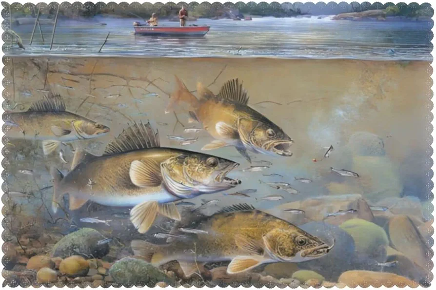 Fishing Lake Fishermen Printed Placemats Set of 6, Non-Slip Heat-Resistant Table Mats for Dining Room, Washable Kitchen Decor Place Mats for Home Party Indoor, 12 x 18 in