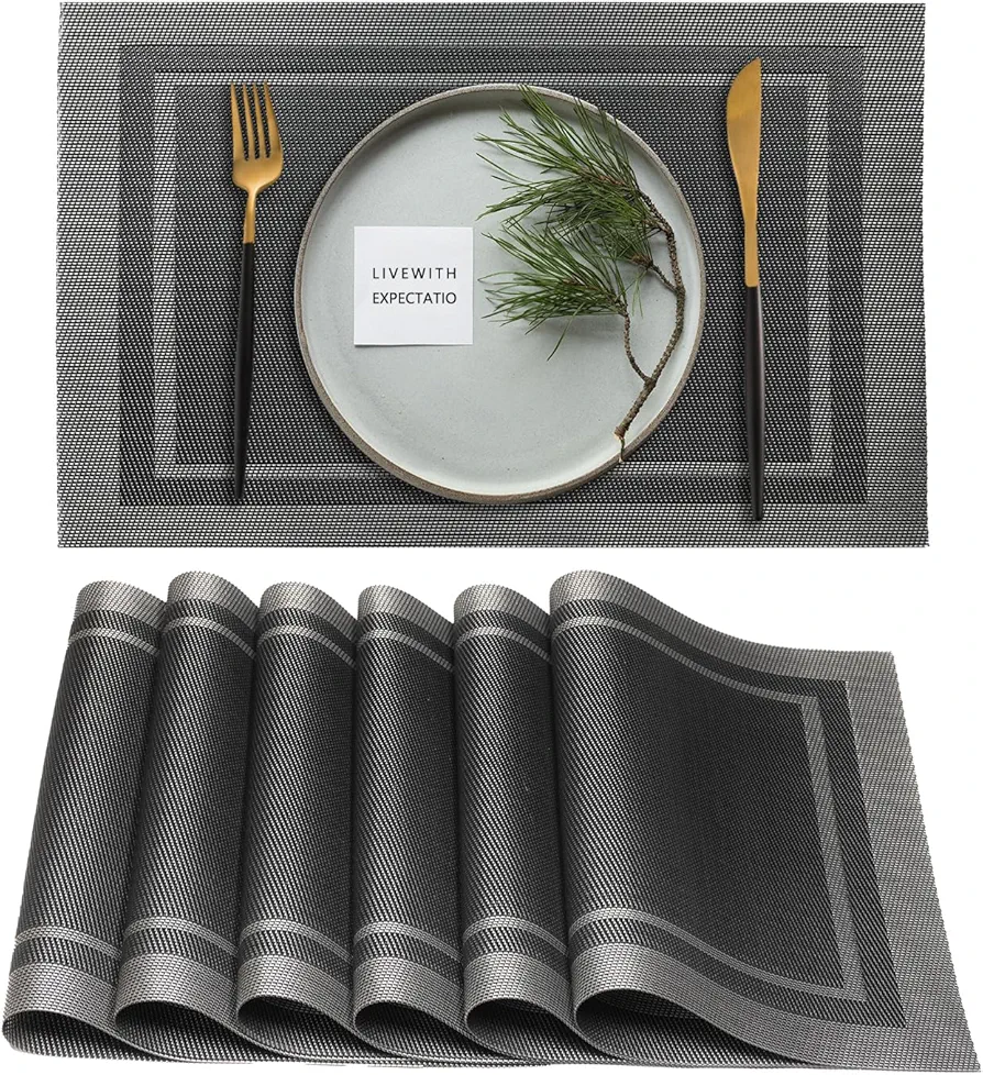 Placemats Set of 6 Non Slip placemats for Kitchen Dining Room Indoor Heat Resistant Table mats Woven placemats(Woven Silver Grey)