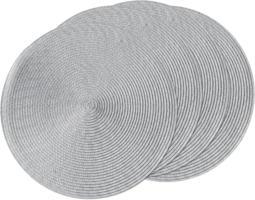 Leetaltree Round Placemats Set of 4 - Washable Woven Non-Slip Round Table Mats,15-Inch Heat Resistant Table Placemats,Light Grey
