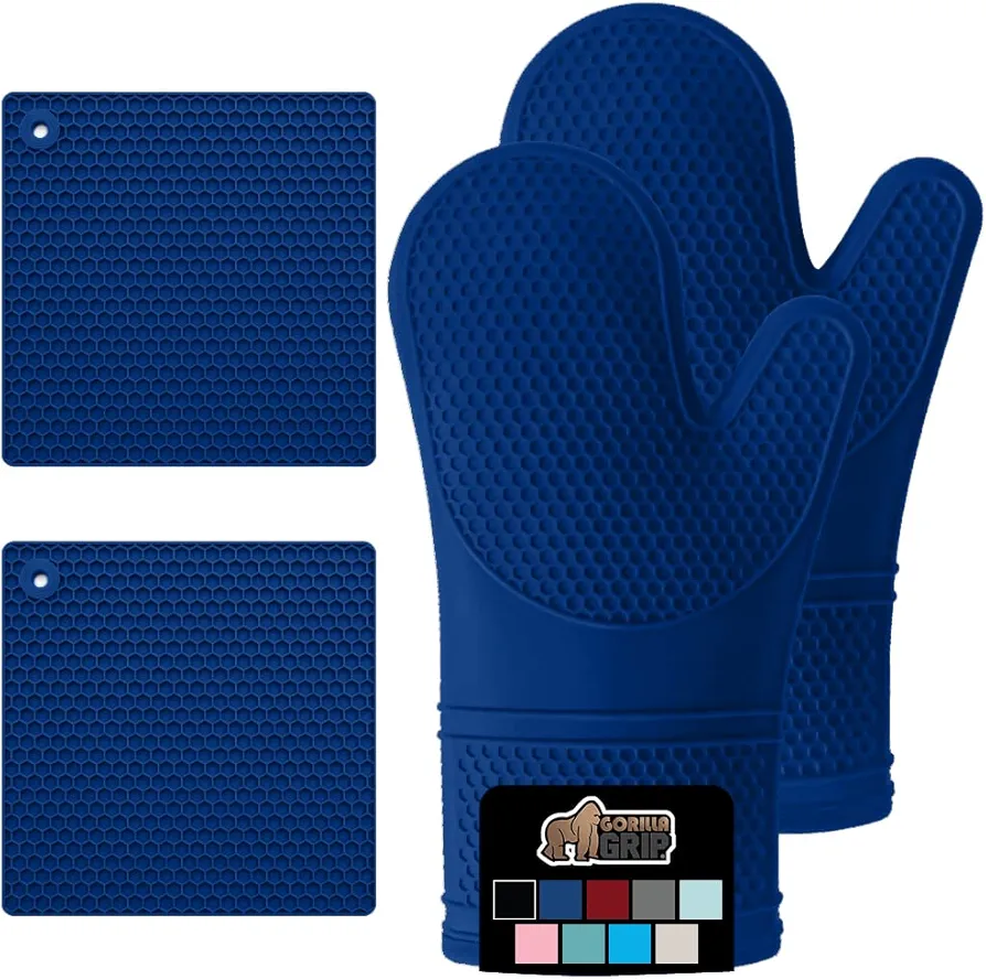 Gorilla Grip BPA-Free Soft Silicone Oven Mitts and Potholder Set of 4, Heat Resistant Hot Pads, Thick Cotton Lined Cooking Mitt, Long Gloves Protect Hands, Kitchen Waterproof Trivet Mats, 12.5" Blue