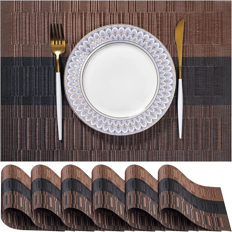LEXMORE PVC Woven Placemats 6 PCS Wipeable Indoor/Outdoor Table Mats Washable Vinyl Place Mats for Dining Table, Set of 6-Ombre Brown Black