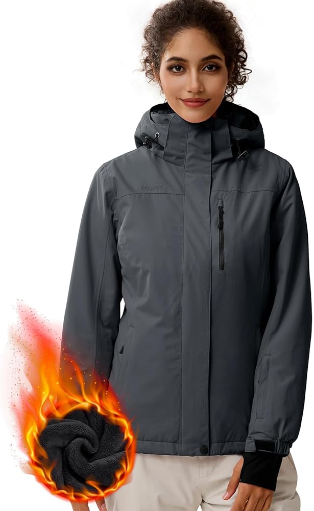 FREE SOLDIER Women's Waterproof Ski Snow Jacket Fleece Lined Warm Winter Rain Jacket with Hood Fully Taped Seams