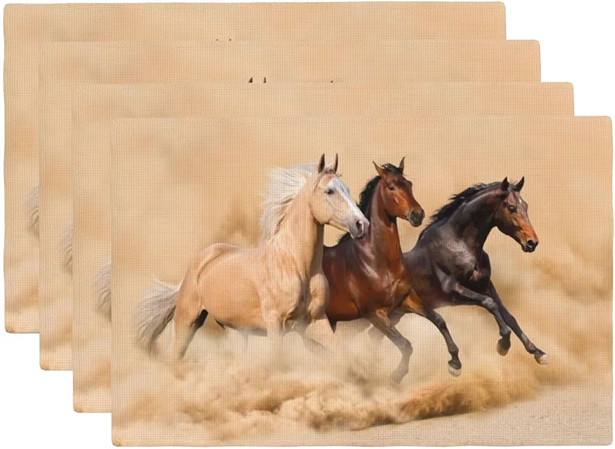 Horses Placemats Set of 4 Linen Washable Placemat Kitchen Dining 3 Horse Running in Desert Storm Heat-Resistant Place Mats Mythical Mystic Messenger Table Mats for Home Party 12x18 Inch