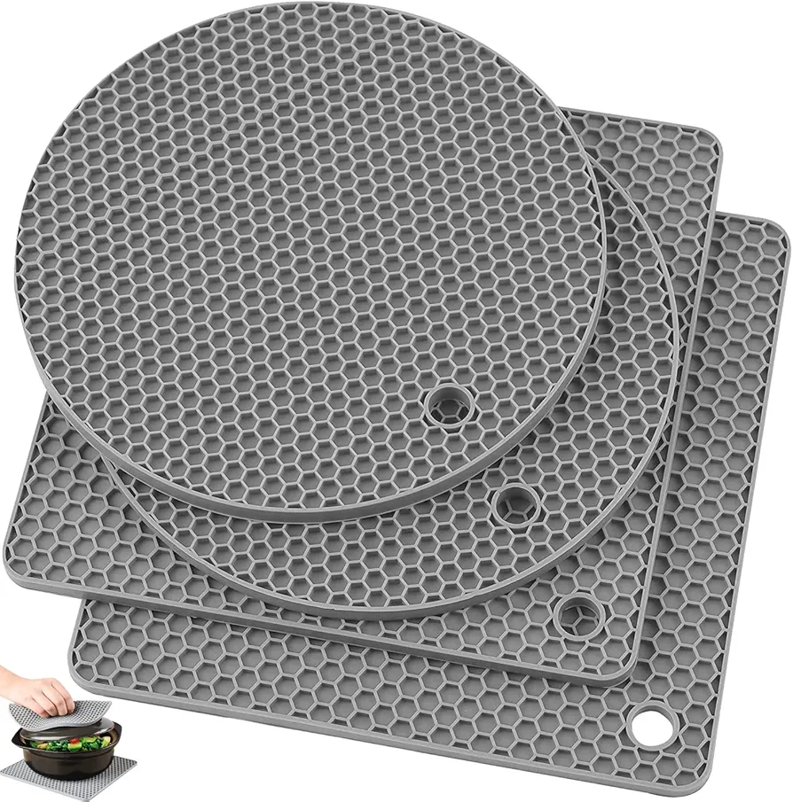 Silicone Trivet Pot Mat, Silicone Pot Holders for Hot Pan and Pot Pads. Heat Resistant Counter Mats for Tables Placemats,Countertops, Spoon Rest and Large Coasters,4 Pack Gray(2 Squared + 2 Round)