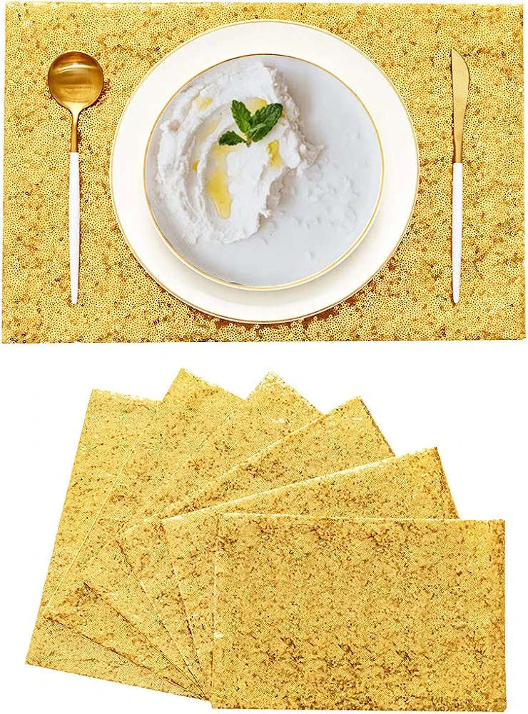Placemats for Dining Table Set of 6 Heat Resistant Place Mats, Non-Slip Sequin Table Mats for Kitchen Table Machine Washable (Gold, 6)
