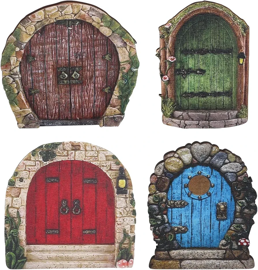 GORGECRAFT 4PCS 4 Styles Mini Fairy Garden Door for Tree Wood Door Windows Wall Accessories DIY Kit Art Sculpture Outdoor Decor for Tree Trunk Bonsai Terrarium Micro Landscape Decoration