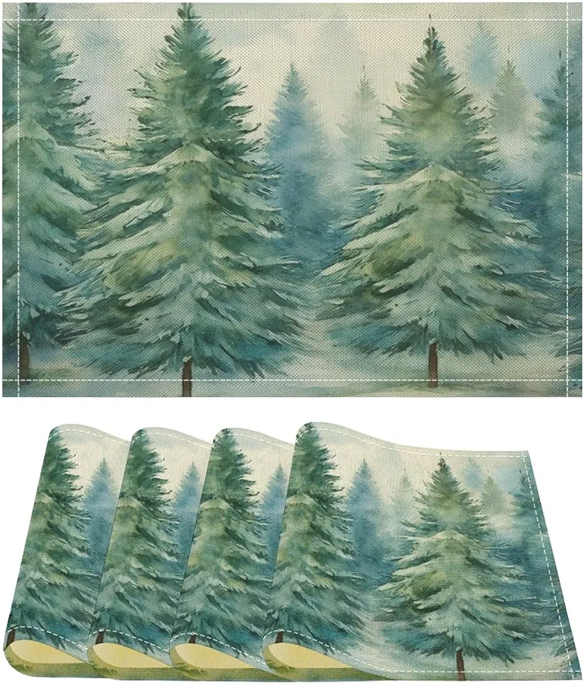 Watercolor Blue Green Christmas Tree Rustic Style Nature Forest Print Table Placemats Set of 4 Christmas Heat Resistant Place Mats Kitchen Table Mats Cotton Linen Table Mat Holiday Decoration