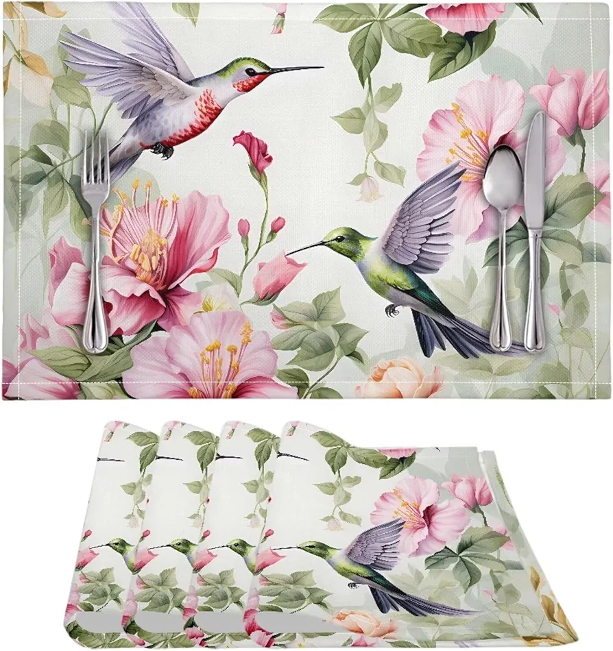 ZFRXIGN Flower Hummingbirds Placemats Heat Resistant Table Mats Set of 4 Reusable Place Mat Set, Restaurant, Cafe Decoration for Dining Table, Desk Spring Floral Birds Pads
