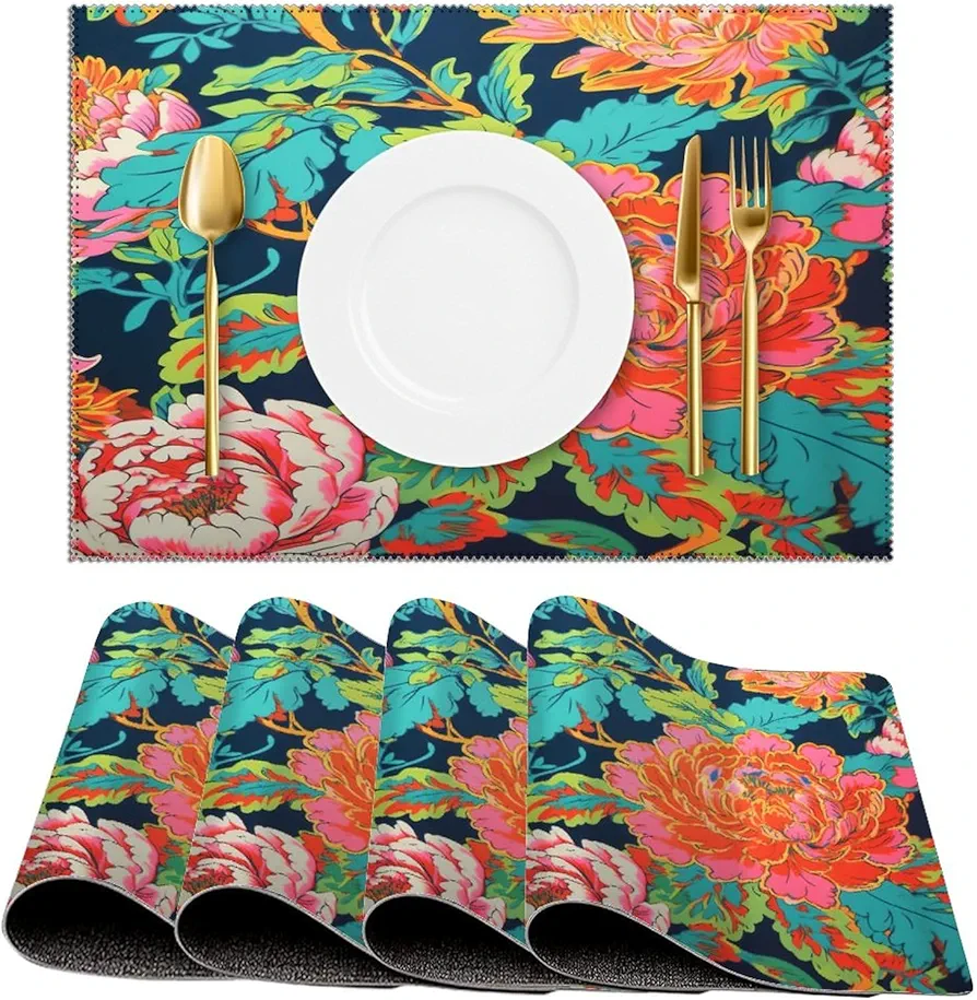 Navy Blue Pink and Red Chinoiserie Peony Floral Placemats Set of 4 PCS Heat-Resistant Placemats Stain Resistant Anti-Skid Place Mat Suitable for Dinning Kitchen Table Washable Table Mats